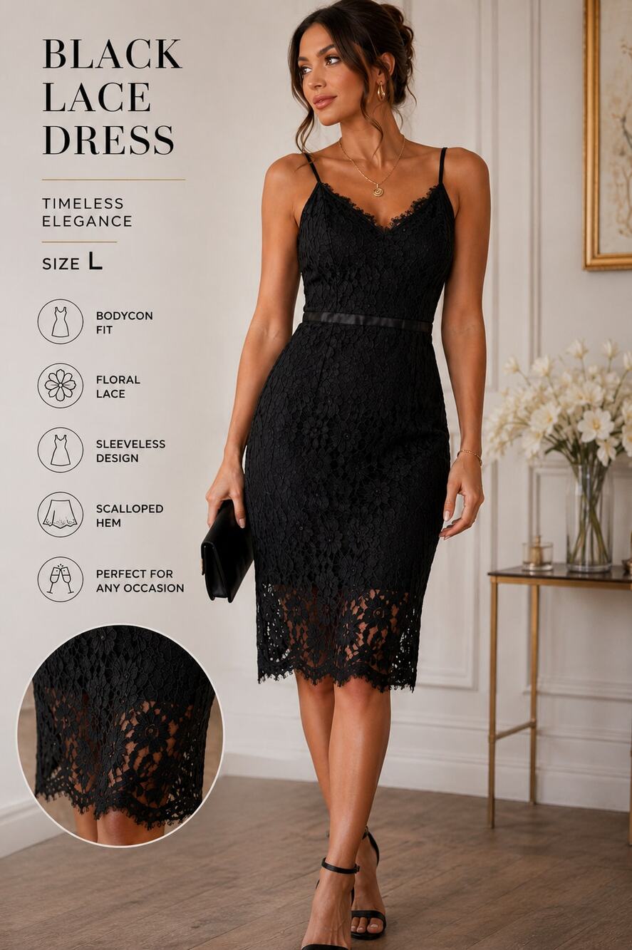 Womens Black Lace Bodycon Dress Size L Sleeveless Midi Cocktail Party Elegant